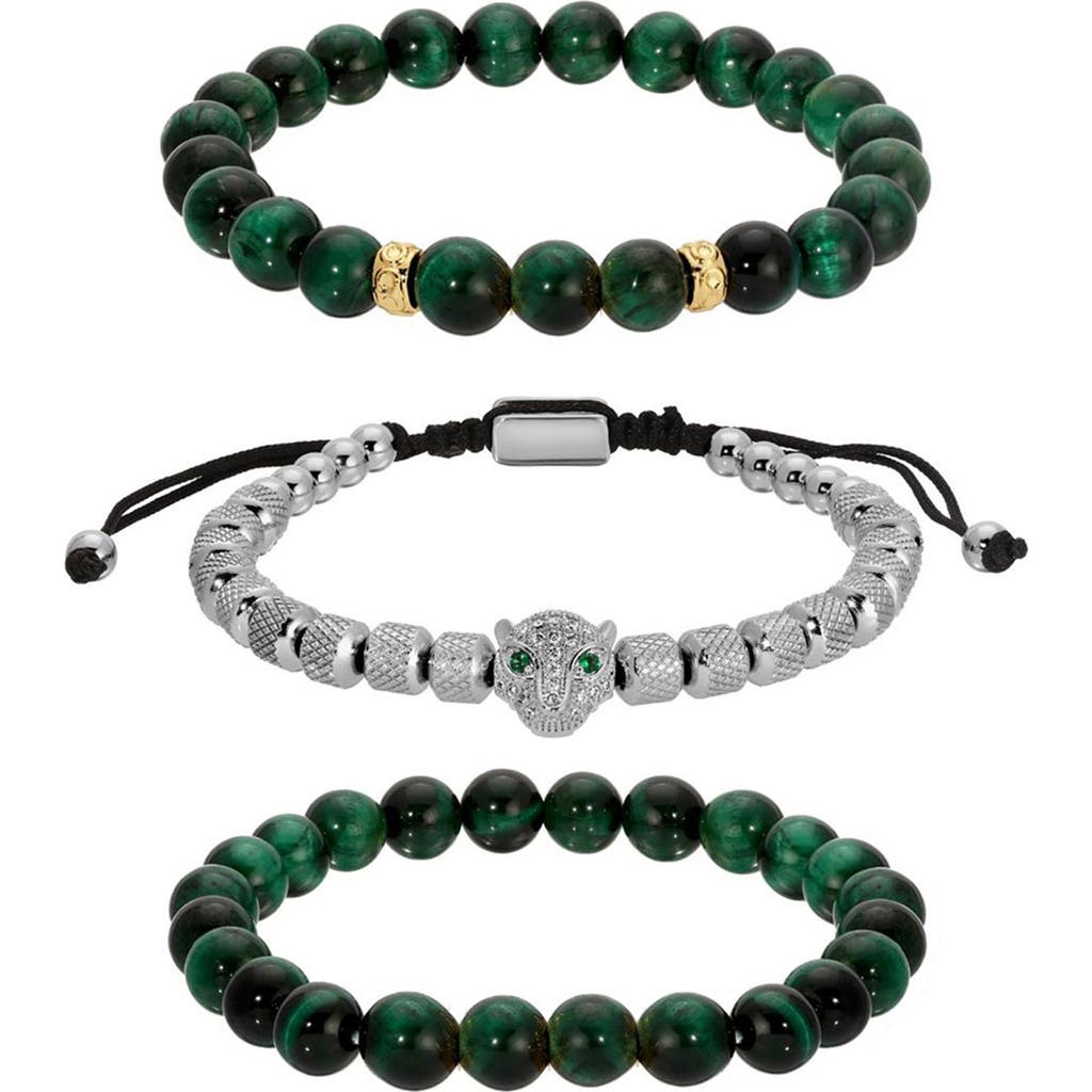 Eye Candy Los Angeles 3-pack Leopard Green Tigers' Eye Bracelets In Silver
