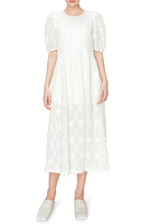 MELLODAY Textured Jacquard Puff Sleeve Midi Dress Ivory at Nordstrom,