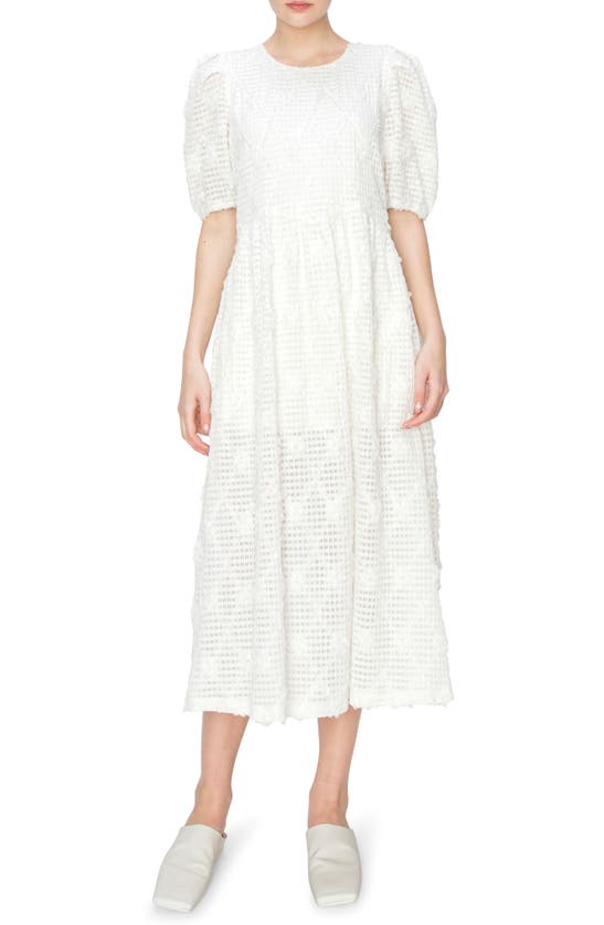 Melloday Textured Jacquard Puff Sleeve Midi Dress In Ivory