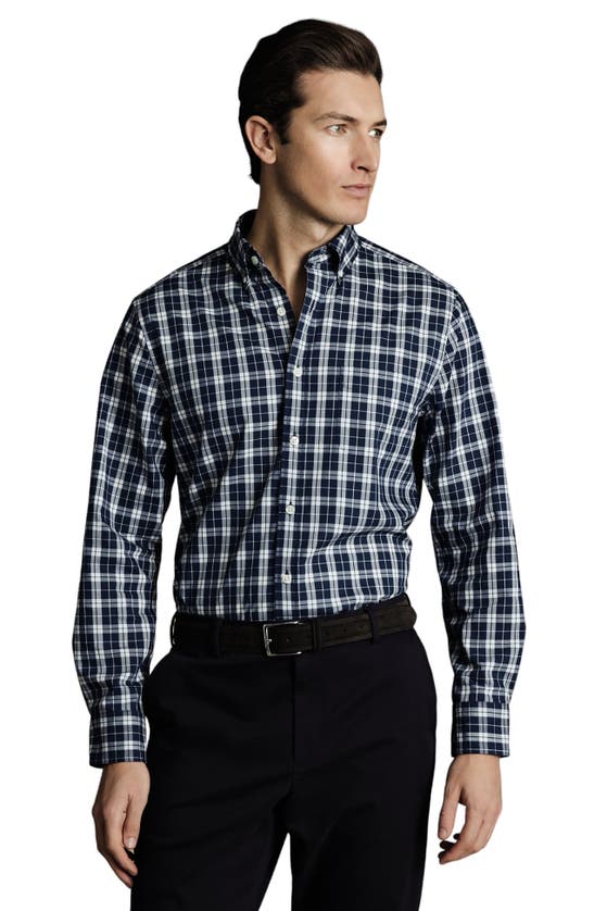 Shop Charles Tyrwhitt Slim Fit Button-down Collar Non-iron Stretch Poplin Check Shirt In Blue