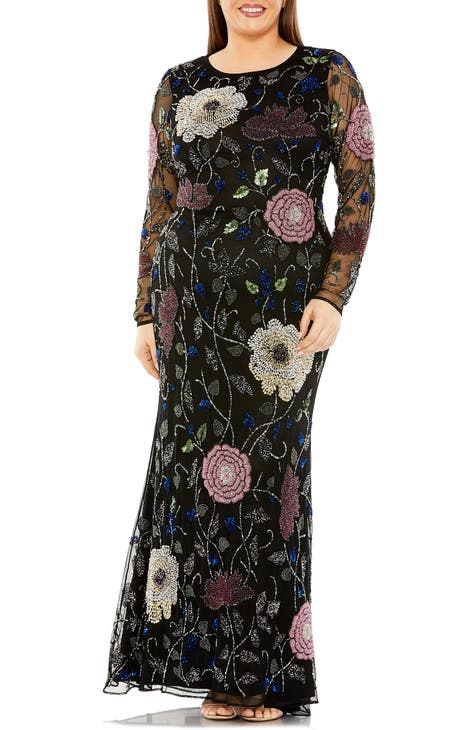 Sequin Embellished Long Sleeve Gown (Plus)