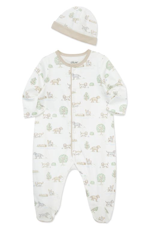 Little Me Puppy Park Cotton Footie & Hat Set In Ivory