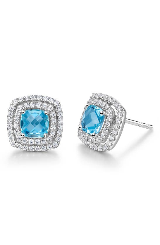 Lafonn Semiprecious Stone & Simulated Diamond Double Halo Cushion Stud Earrings In White/ Blue Topaz