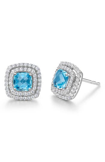 Shop Lafonn Semiprecious Stone & Simulated Diamond Double Halo Cushion Stud Earrings In White/blue Topaz