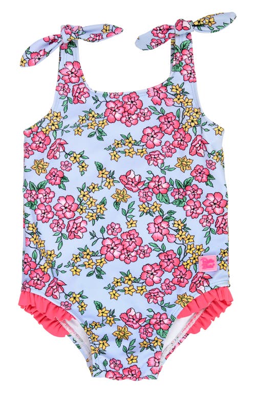 Shop Rufflebutts Kids' Cheerful Blossoms Tie Shoulder One-piece Swimsuit In Blue/pink Multi