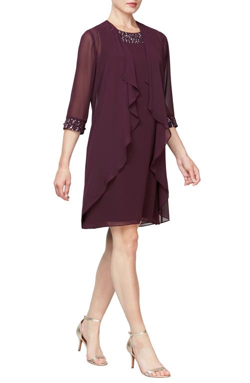 Shop Sl Fashions Slny Beaded Neck Sleeveless Sheath Dress With Jacket In Aubergine