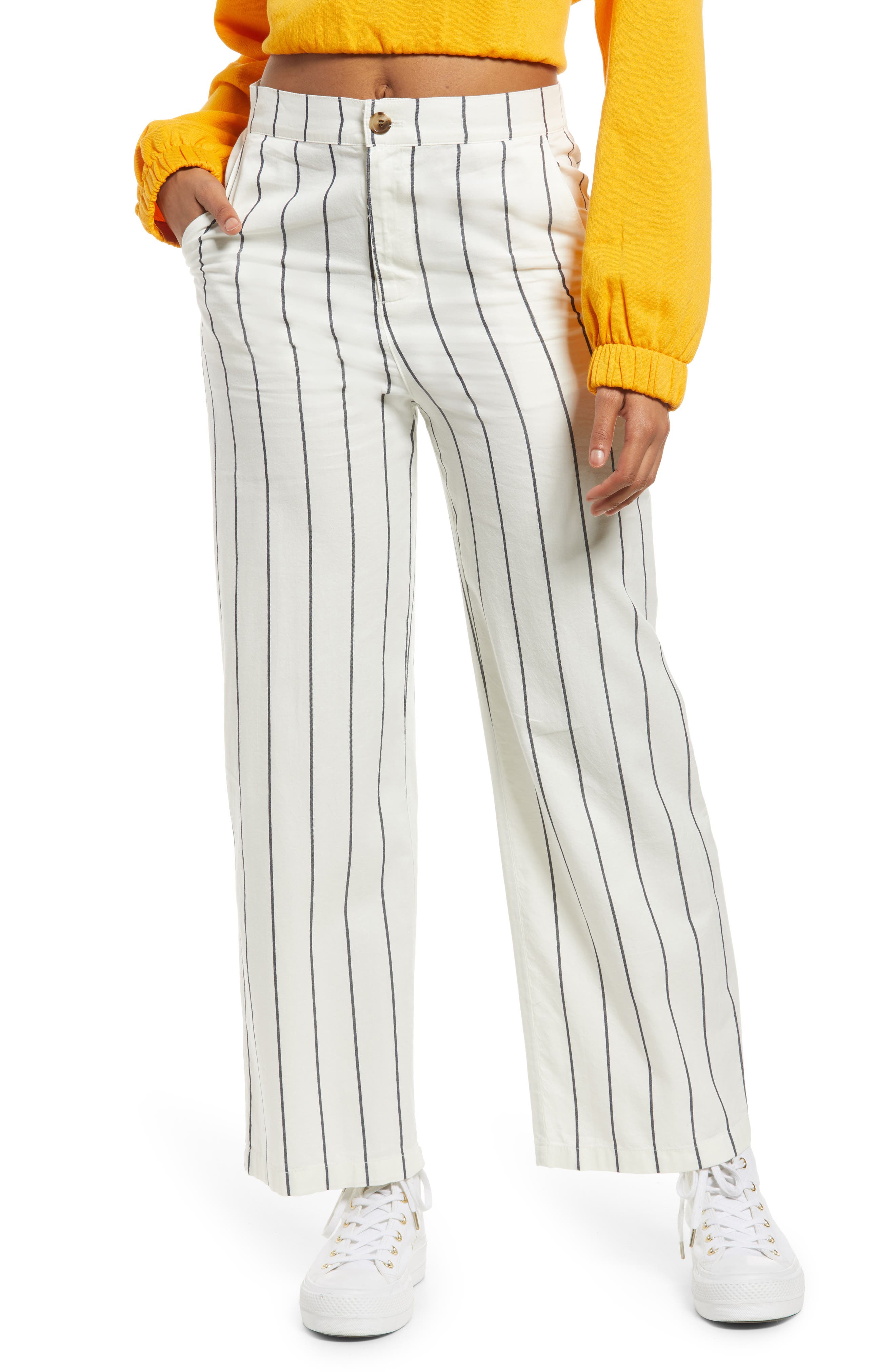 white and yellow striped pants