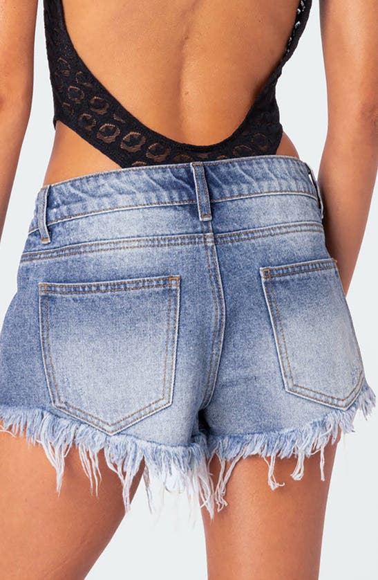Edikted Erika Low Rise Frayed Denim Shorts In Blue