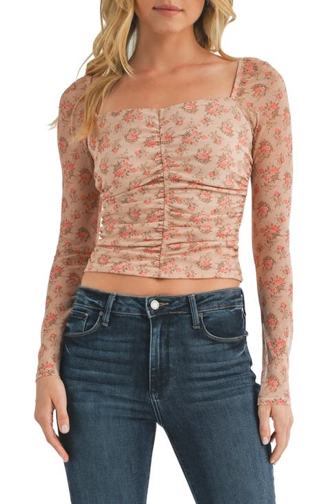 Floral Ruched Long Sleeve Mesh Top