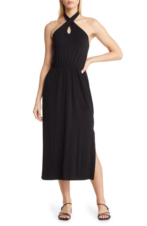 Giada Cowl Sleeve Midi Dress in Black