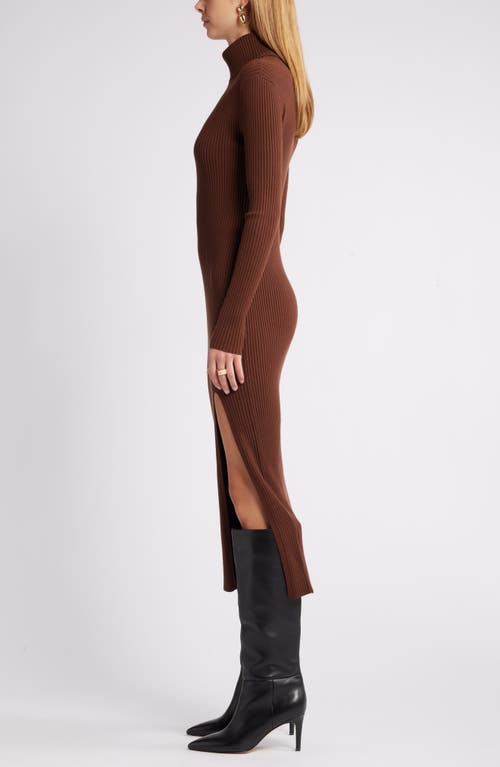 Shop Open Edit Rib Long Sleeve Turtleneck Sweater Dress In Brown Soil