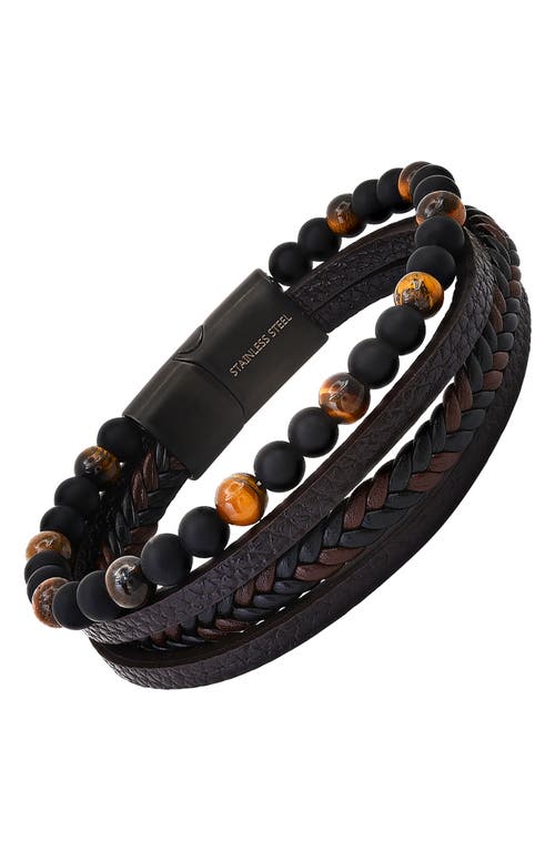 Shop Hmy Jewelry Mens' Multi-strand Bead & Braided Leather Bracelet In Brown/black