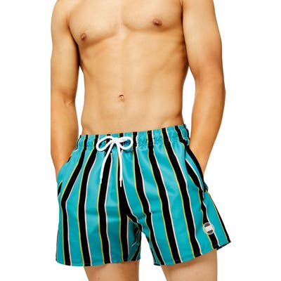 Topman Classic Fit Block Stripe Swim Trunks, Blue