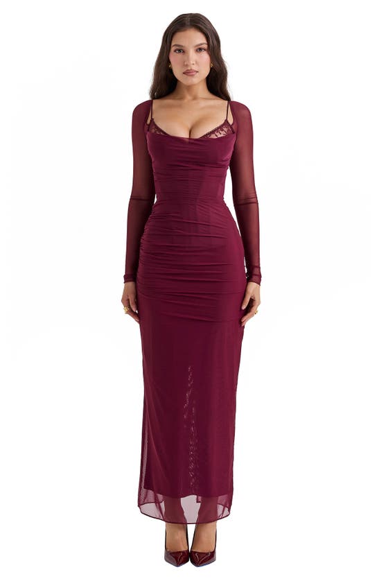 Shop House Of Cb Katrina Lace Mesh Long Sleeve Gown In Windsor Wine