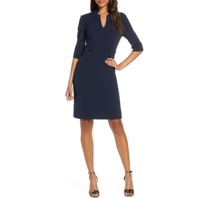 Tahari Inverted Notch Collar Stretch Crepe Sheath Dress, Blue