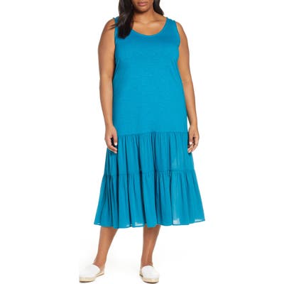 Plus Size Caslon Mix Media Drop Waist Midi Dress, Blue/green