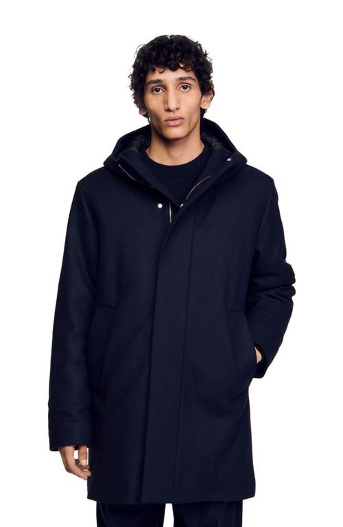 Shop Sandro Hooded Wool Parka In Navy Blue