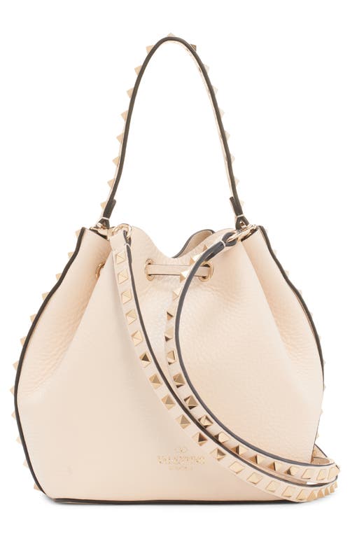 Shop Valentino Garavani Rockstud Leather Bucket Bag In Light Ivory