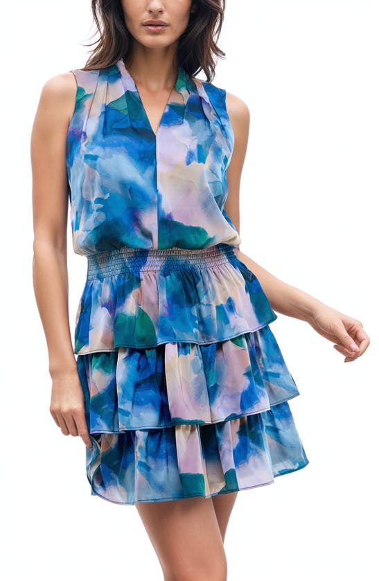 Shop Socialite Abstract Print Sleeveless Tiered Minidress In Blue/ Pink