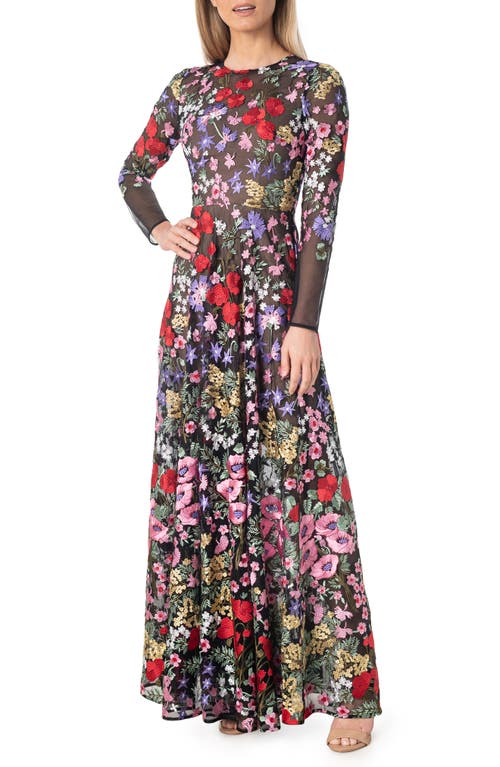 Dress the Population Ava Floral Embroidered Long Sleeve Gown Rouge Multi at Nordstrom,