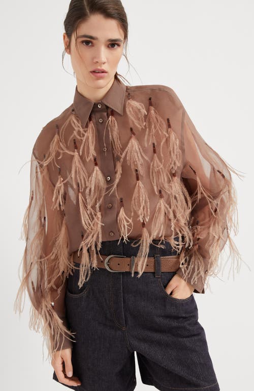 Shop Brunello Cucinelli Crispy Silk Shirt With Dazzling Feather Embroidery In Brown