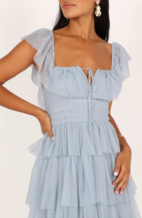 Shop Petal And Pup Petal & Pup Belle Swiss Dot Tulle Tiered Maxi Dress In Blue