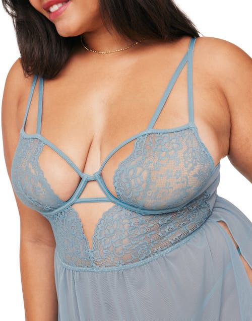 Adore Me Rae Unlined Babydoll & G-string Set Lingerie In Medium Blue