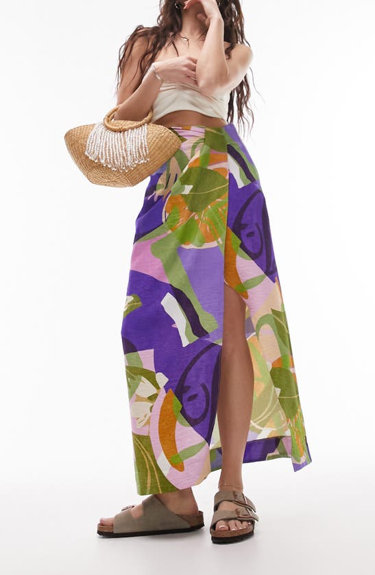 Topshop Print Twist Front Maxi Skirt In Purple Multi