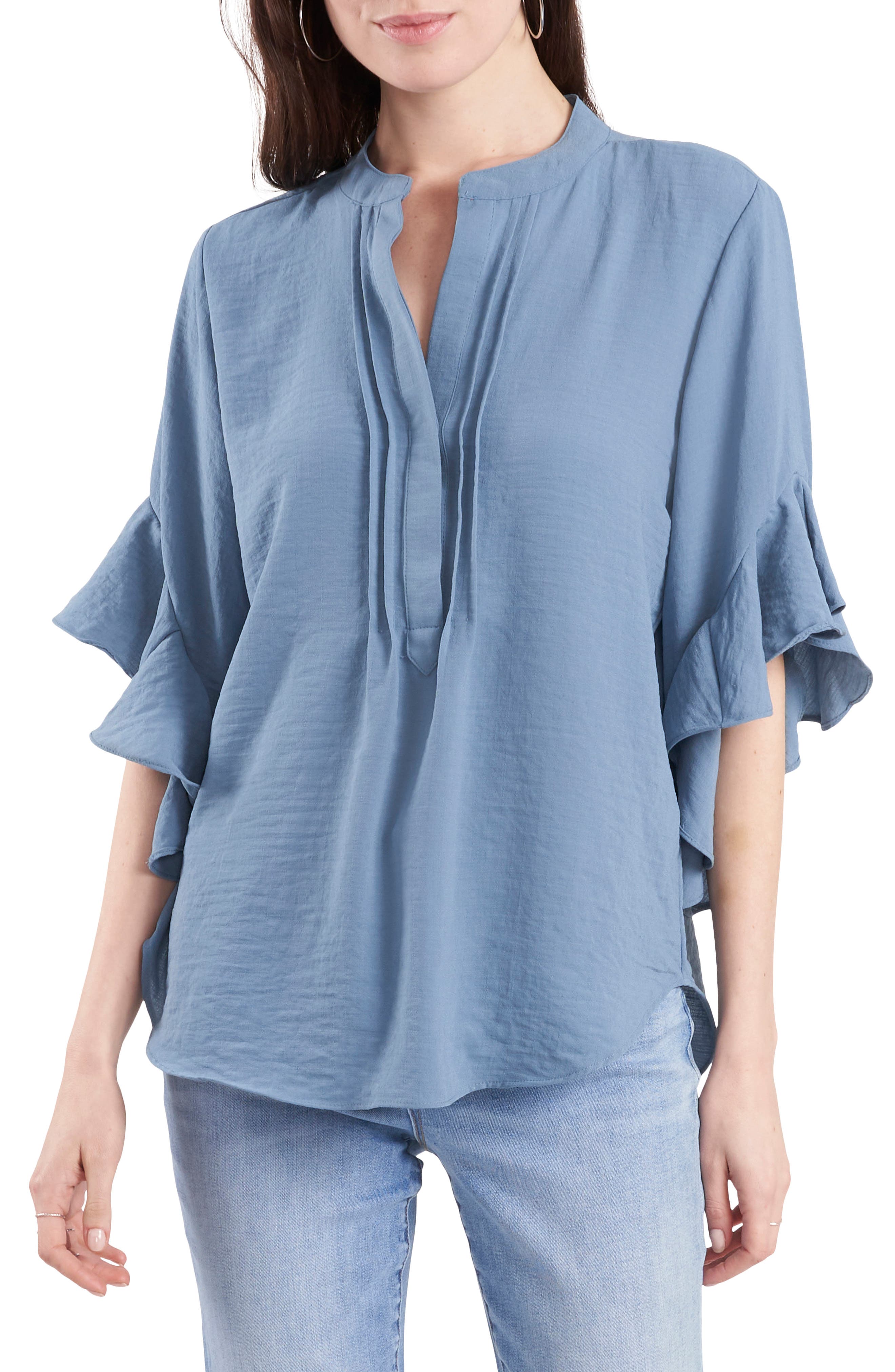 Vince Camuto Womens Ruffle Sleeve Split Neck Blouse In Blue Stone