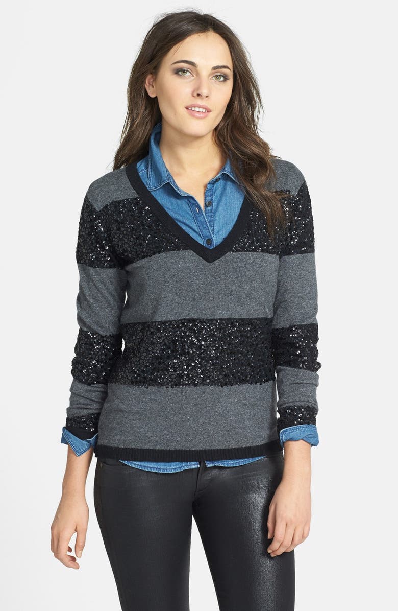 Press Sequin Stripe V-Neck Sweater | Nordstrom