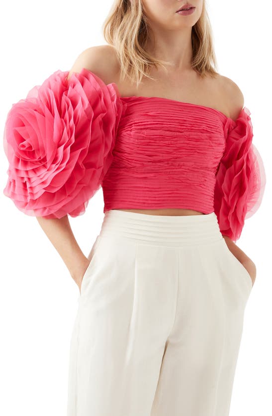 Aje Amour Off The Shoulder Ruffle Sleeve Top In Berry Pink