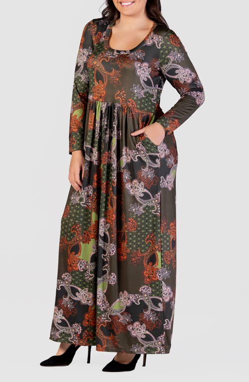 Shop 24seven Comfort Apparel Mixed Print Long Sleeve Knit Maxi Dress In Green Multi