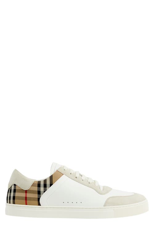 Shop Burberry Stevie Leather & Canvas Check Sneaker In Off White/beige Ip Check
