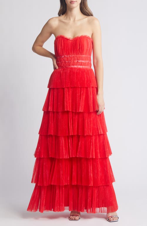 Evi Strapless Plissé Gown in Red Romantic Sketched Floral