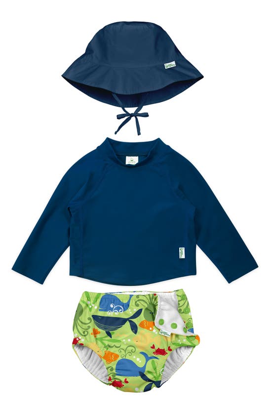 Green Sprouts Babies' Bucket Sun Hat, Long Sleeve Rashguard & Reusable Swim Diaper Set In Blue