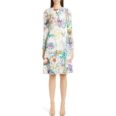 Lela Rose Sketch Floral Long Sleeve Tiered Dress, Ivory