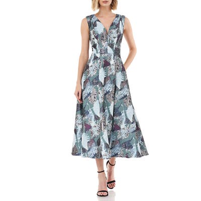 Kay Unger Sleeveless Metallic Jacquard A-Line Cocktail Dress, Blue/green