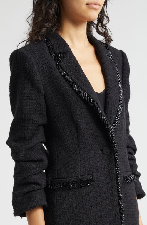 Shop Cinq À Sept Kimmie Metallic Fringe Ruched Sleeve Blazer In Black