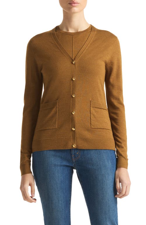 St. John Collection V-Neck Wool & Silk Cardigan in Brown at Nordstrom, Size Small