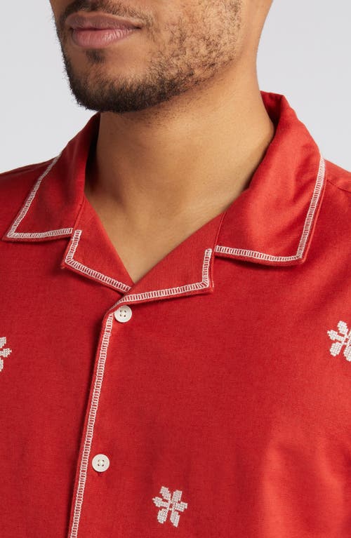 Shop Wax London Didcot Daisy Embroidery Cotton & Linen Camp Shirt In Red/ecru