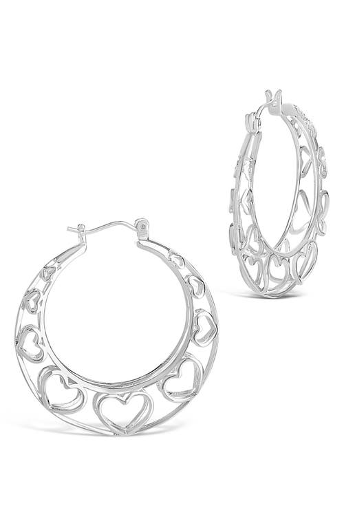 Rhodium Plated Cut Out Heart Hoop Earrings in Silver
