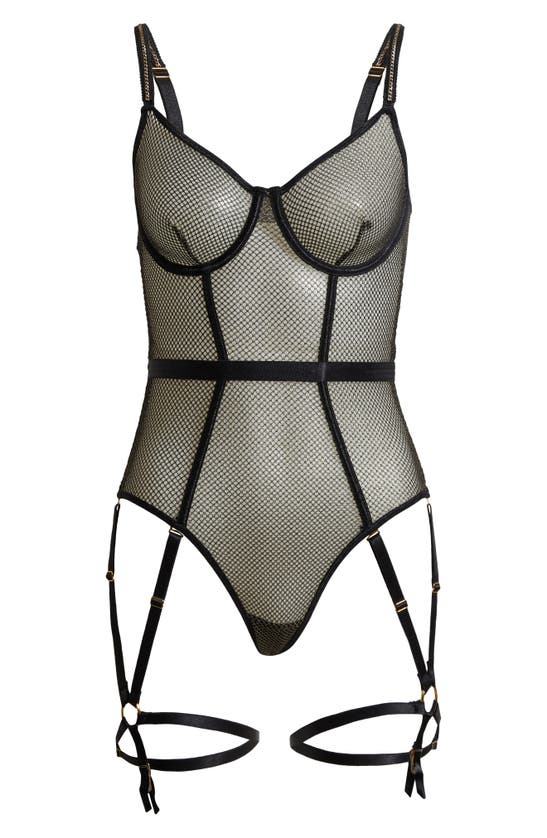 COQUETTE COQUETTE SHIMMERY UNDERWIRE FISHNET TEDDY WITH GARTER STRAPS