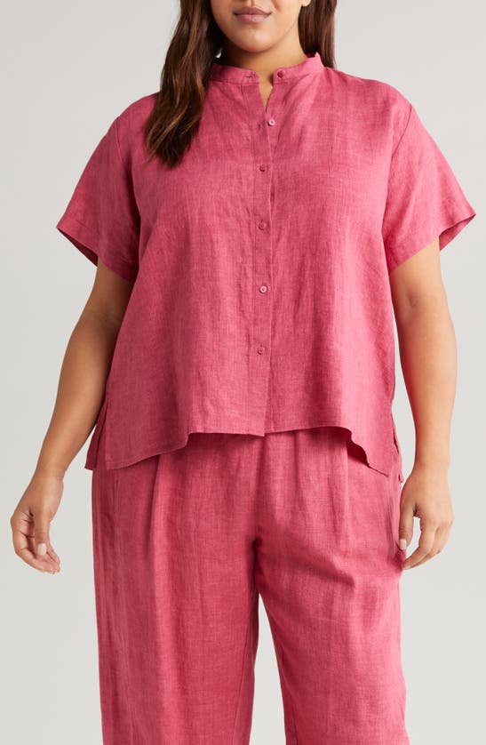 Eileen Fisher Band Collar Organic Linen Button-up Shirt In Geranium