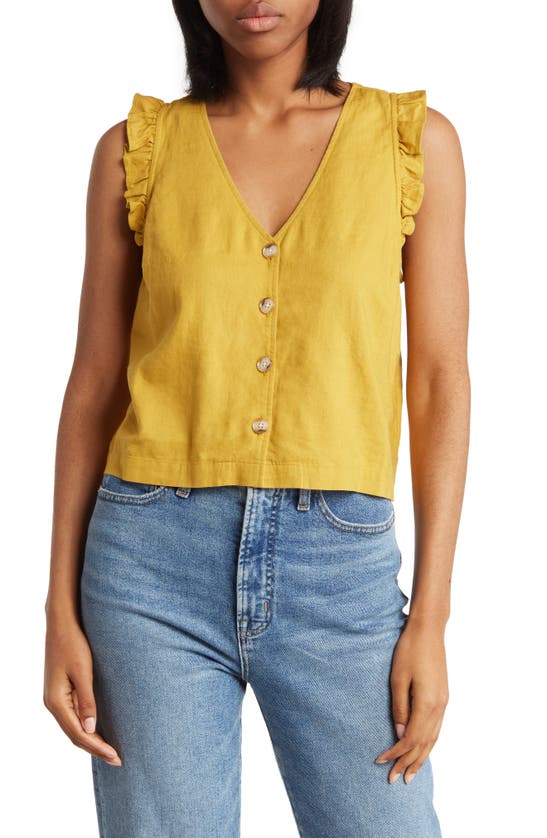 Madewell Ruffle Button Front Linen Blend Tank In Earthen Gold