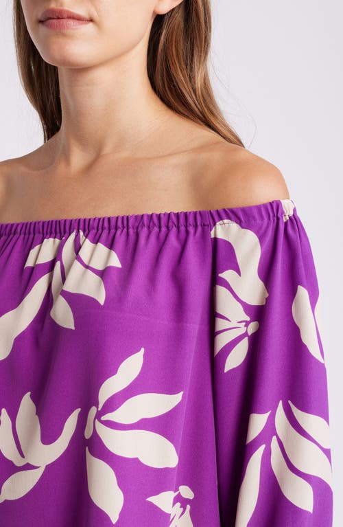 Loveappella Floral Print Off The Shoulder Top In Violet Natural