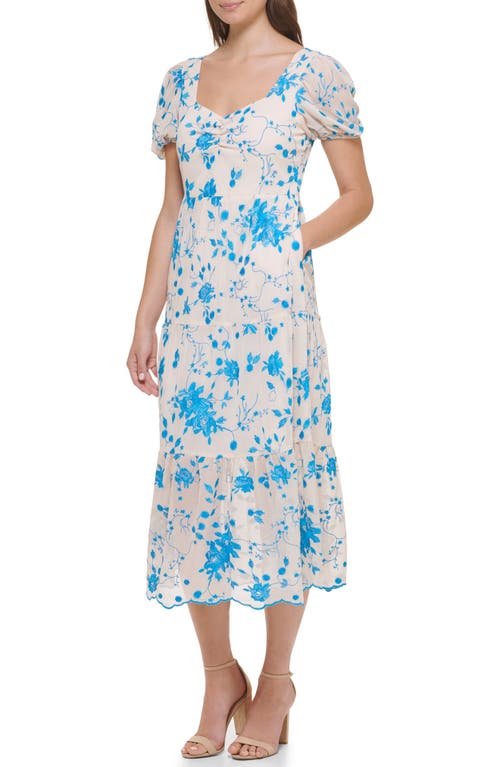 Shop Kensie Floral Embroidered Puff Sleeve Chiffon Midi Dress In Ivory/blue
