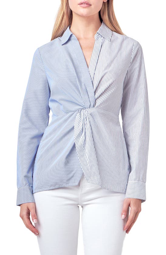Shop English Factory Block Stripe Twist Front Shirt In White/ Blue