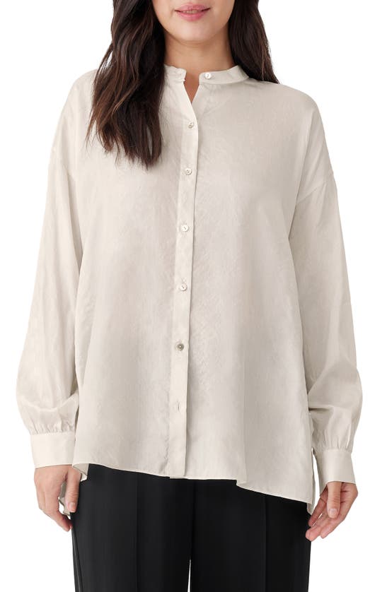 Eileen Fisher Mandarin Collar Silk Boxy Shirt In White