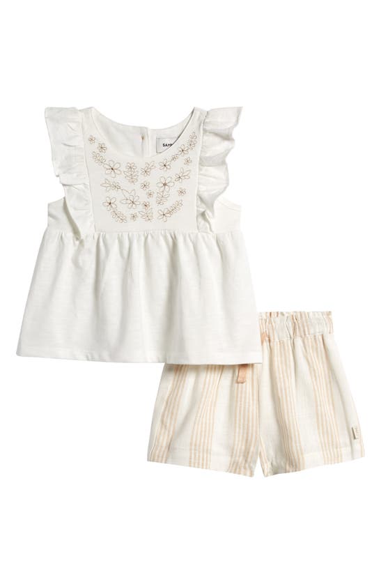 Shop Sammy + Nat Floral Embroidered Ruffle Top & Striped Shorts Set In Tan