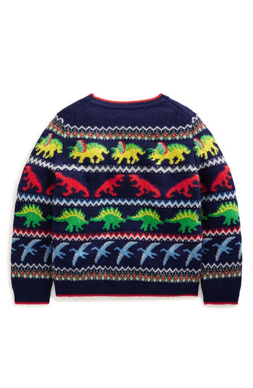 Shop Mini Boden Kids' Fair Isle Dino Crewneck Sweater In Starboard Blue